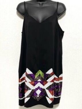 bebe Black Slip Dress with Multicolor Embellished Hem